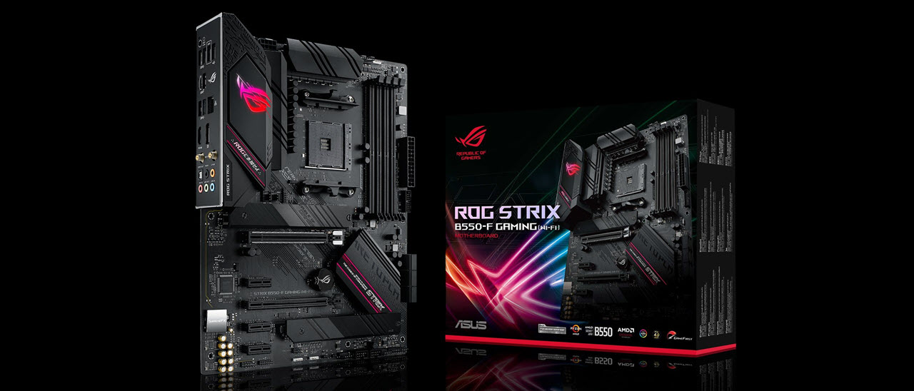 Это пресс-изображение Asus ROG Strix B550-F Gaming Wifi демонстрирует его темный черно-красный стиль, а также RGB-логотип ROG над VRM.